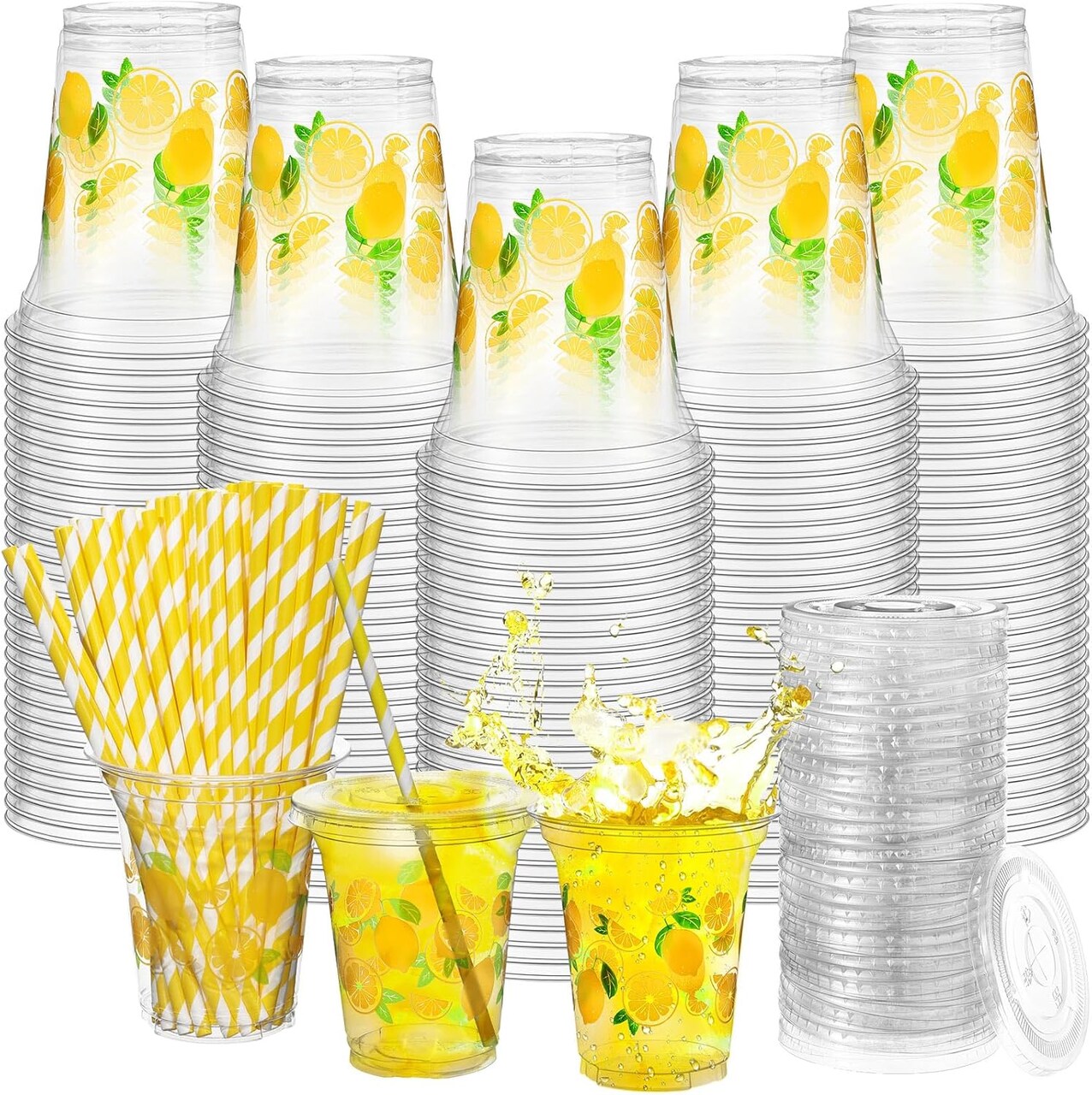 100 Pack Plastic Disposable Cups with Lids and Straws 12 oz Disposable Cups for Juice Water Coffee Summer Party Sports Party Supplies